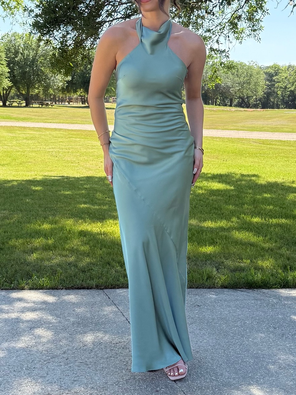 Azazie Vellie Halter Top Dress In Matcha Stretch Satin